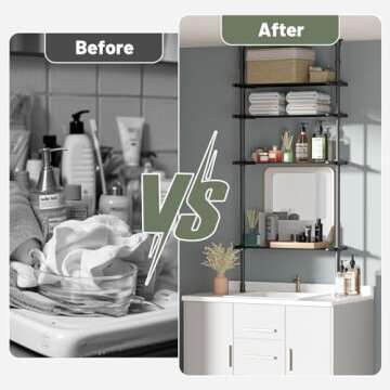 DYN Ptah 4-Tier Adjustable Metal Bathroom Shelves, Over Toilet Storage Organizer for Small Spaces, 65 to 116 Inch Tall, Black