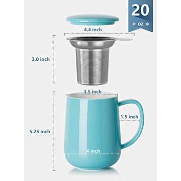 Sweese 20 OZ Porcelain Tea Mug with Infuser and Lid, Loose Leaf Tea Cup, Gifts for Tea Lover - Turquoise