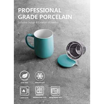 Sweese 20 OZ Porcelain Tea Mug with Infuser and Lid, Loose Leaf Tea Cup, Gifts for Tea Lover - Turquoise