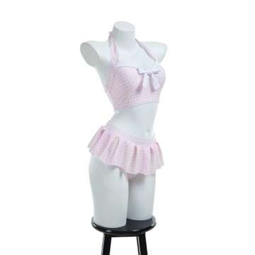 daizbella Women's Bikini Sets 50's Retro Vintage High Waist Plaid Self-Halter Bathing Suit with Head...