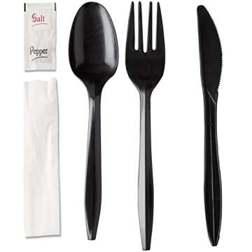 250 Plastic Cutlery Packets - Knife Fork Spoon Napkin Salt Pepper Sets | Black Plastic Silverware Sets Individually Wrapped Cutlery Kits, Bulk Plastic Utensil Cutlery Set Disposable To Go Silverware