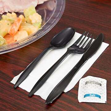 250 Plastic Cutlery Packets - Knife Fork Spoon Napkin Salt Pepper Sets | Black Plastic Silverware Sets Individually Wrapped Cutlery Kits, Bulk Plastic Utensil Cutlery Set Disposable To Go Silverware
