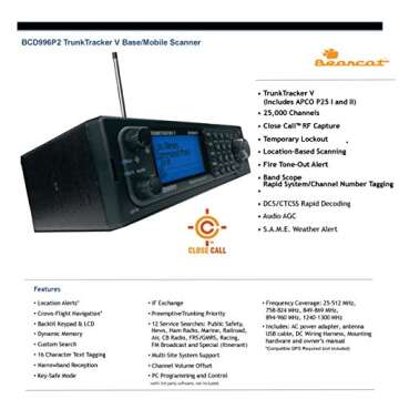 Uniden BCD996P2 Digital Mobile TrunkTracker V Scanner, 25,000 Dynamically Allocated Channels, Close Call RF Capture Technology, 4-Line Alpha display, Base/Mobile Design, Phase 2