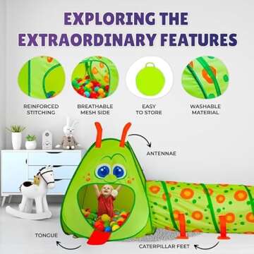 Kiddey Caterpillar Kids Play Tunnel and Tent | 2 Pc. Crawl Through Baby Ball Pit Pop up for Toddler, and Babies, Indoor & Outdoor Jungle Gym Party Gift | Crawling Tunnels & Tents for Toddlers