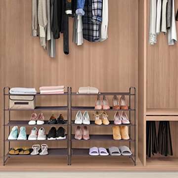 Simple Trending 5 Tier Stackable Shoe Rack, Expandable & Adjustable Fabric Shoe Shelf Storage Organizer, Bronze