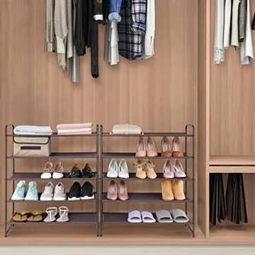 Simple Trending 5 Tier Stackable Shoe Rack, Expandable & Adjustable Fabric Shoe Shelf Storage Organizer, Bronze