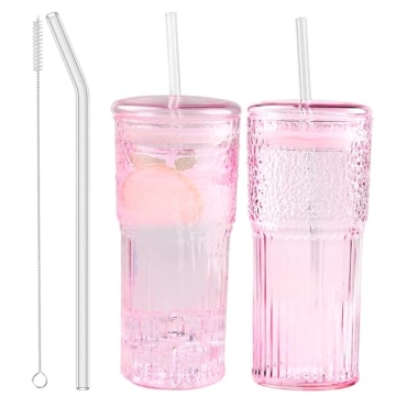 20oz Glass Coffee Cups with Lids and Straws - Set of 2 Pink Iced Water Tumblers