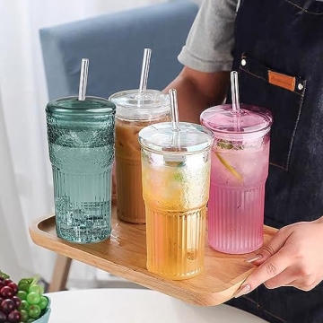 20oz Reusable Glass Tumblers with Straws and Lids