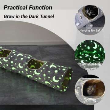 LUCKITTY Cat Tunnel Tube with Plush Ball Toys Collapsible Self-Luminous Photoluminescence, for Small Animals Pets Bunny Rabbits, Kittens, Ferrets,Puppy and Dogs Grey Moon Star