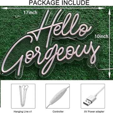 Hello Gorgeous LED Neon Sign Light Up Glow Signs USB Powered for Home Room Wall Birthday Party Wedding Decor Bar Backdrop, Hanging and Dimmable Switch