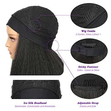 WIGNEE 26 Inches Kinky Straight Headband Wig for Women Yaki Straight Wigs with Black Headband Kinky Afro Wigs For Black Women