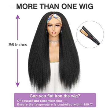 WIGNEE 26 Inches Kinky Straight Headband Wig for Women Yaki Straight Wigs with Black Headband Kinky Afro Wigs For Black Women