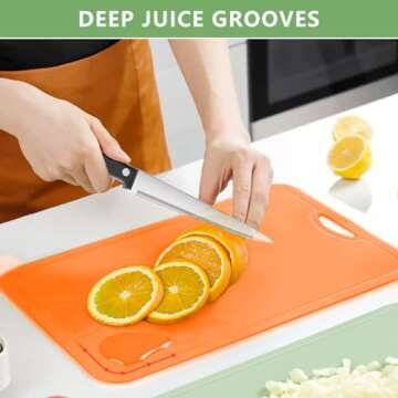 Gintan Flexible TPU Cutting Board with Knife and Juice Groove, BPA Free Flexible Chopping Boards for Kitchen Dishwasher Safe Easy Grip Handle（Orange）