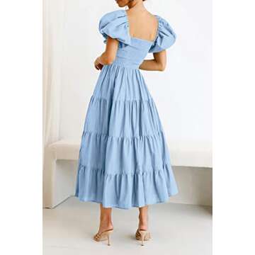 PRETTYGARDEN Women's Casual Summer Midi Dress Puffy Short Sleeve Square Neck Smocked Tiered Ruffle Dresses (Light Blue,Medium)