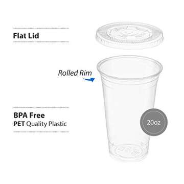 ELEGANT DISPOSABLES [50 Sets - 20 Oz] Crystal Clear PET Plastic Cups With Flat lids for Iced Coffee, Cold Drinks, Milkshake, Slush Cups, Smoothy's, Slurpee, Party's, Plastic Disposable Cups