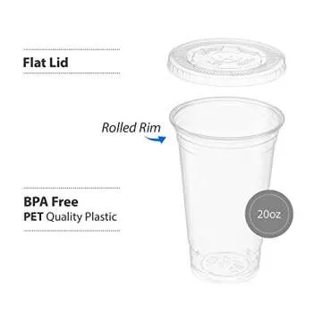 ELEGANT DISPOSABLES [50 Sets - 20 Oz] Crystal Clear PET Plastic Cups With Flat lids for Iced Coffee, Cold Drinks, Milkshake, Slush Cups, Smoothy's, Slurpee, Party's, Plastic Disposable Cups