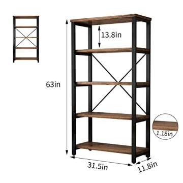5 Tier Industrial Solid Wood Bookshelf, Open Etagere Bookcase with Metal Frame, Vintage Industrial S...