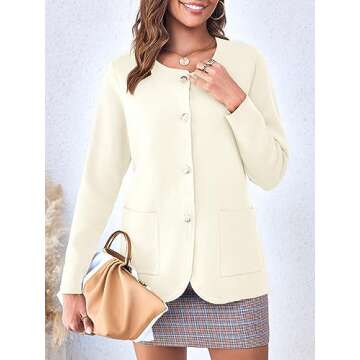 Langwyqu Womens Crew Neck Button Down Cardigan Sweaters Blazer Casual Long Sleeve Knit Solid Sweater with Pockets Off-White
