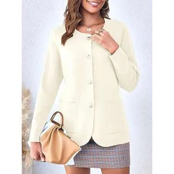 Langwyqu Womens Crew Neck Button Down Cardigan Sweaters Blazer Casual Long Sleeve Knit Solid Sweater with Pockets Off-White
