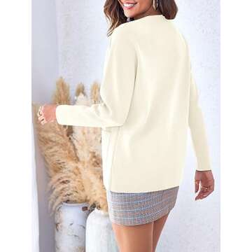 Langwyqu Womens Crew Neck Button Down Cardigan Sweaters Blazer Casual Long Sleeve Knit Solid Sweater with Pockets Off-White