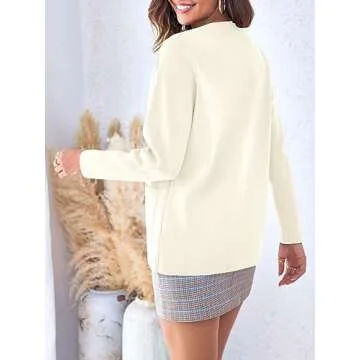 Langwyqu Womens Crew Neck Button Down Cardigan Sweaters Blazer Casual Long Sleeve Knit Solid Sweater with Pockets Off-White