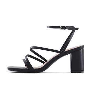 LACUONE Strappy Heels for women Block Heels Square Toe Chunky Ankle Buckle Pump Heeled Sandals (7,Bl...