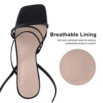 LACUONE Strappy Heels for women Block Heels Square Toe Chunky Ankle Buckle Pump Heeled Sandals (7,Black)