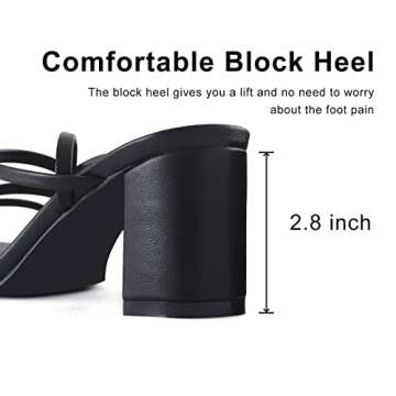 LACUONE Strappy Heels for women Block Heels Square Toe Chunky Ankle Buckle Pump Heeled Sandals (7,Black)