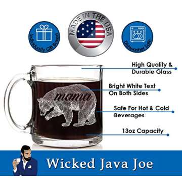 Funny Glass Coffee Mugs for Women & Men, 13oz –"Mama Bear" Mug for Tea & Coffee Lovers. Best Office Cup, Unique Gift Idea for Women and All Moms
