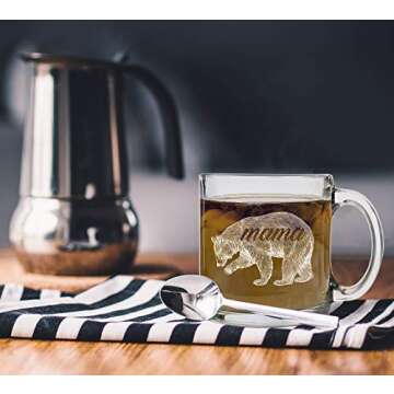 Funny Glass Coffee Mugs for Women & Men, 13oz –"Mama Bear" Mug for Tea & Coffee Lovers. Best Office Cup, Unique Gift Idea for Women and All Moms