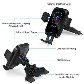 Enomol Wireless Car Charger CD Slot Phone Mount - Auto-Clamping 15W Qi Fast Charging