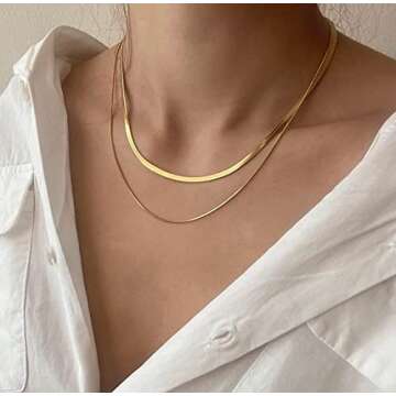 NUZON Layered Gold Necklace for Women Trendy 18K Gold Plated Double Snake Chain Choker Flat Herringbone Necklace Dainty Jewelry