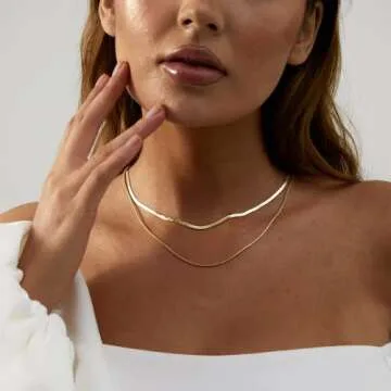 NUZON Layered Gold Necklace for Women Trendy 18K Gold Plated Double Snake Chain Choker Flat Herringbone Necklace Dainty Jewelry