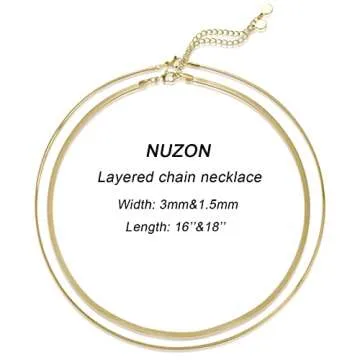 NUZON Layered Gold Necklace for Women Trendy 18K Gold Plated Double Snake Chain Choker Flat Herringbone Necklace Dainty Jewelry