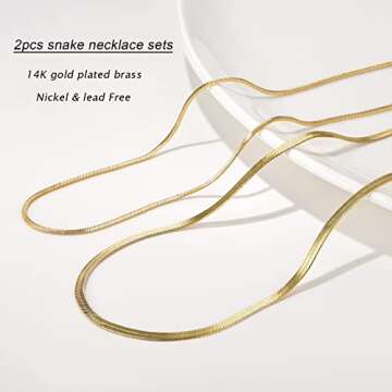 NUZON Layered Gold Necklace for Women Trendy 18K Gold Plated Double Snake Chain Choker Flat Herringbone Necklace Dainty Jewelry