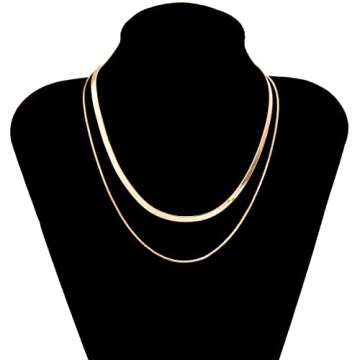 NUZON Layered Gold Necklace for Women Trendy 18K Gold Plated Double Snake Chain Choker Flat Herringbone Necklace Dainty Jewelry