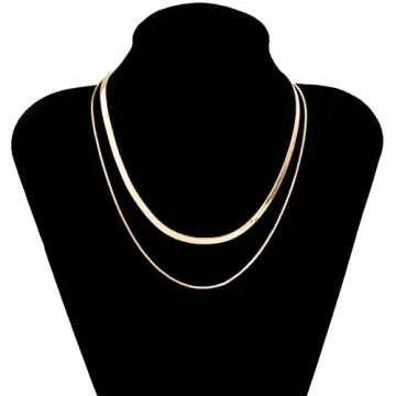 NUZON Layered Gold Necklace for Women Trendy 18K Gold Plated Double Snake Chain Choker Flat Herringbone Necklace Dainty Jewelry