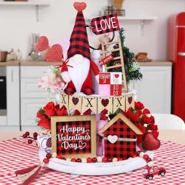 16PCS Valentines Day Tiered Tray Decor - Buffalo Plaid Gnomes, Wooden Signs, Bead Garland for Valent...
