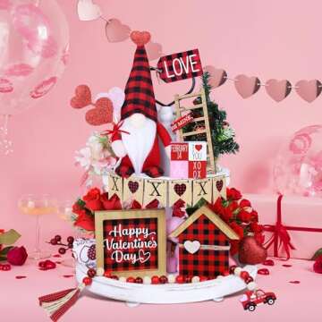 16PCS Valentines Day Tiered Tray Decor - Buffalo Plaid Gnomes, Wooden Signs, Bead Garland for Valentine’s Home Table Decorations (Tiered Tray Not Included)