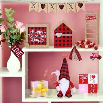 16PCS Valentines Day Tiered Tray Decor - Buffalo Plaid Gnomes, Wooden Signs, Bead Garland for Valentine’s Home Table Decorations (Tiered Tray Not Included)