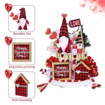 16PCS Valentines Day Tiered Tray Decor - Buffalo Plaid Gnomes, Wooden Signs, Bead Garland for Valentine’s Home Table Decorations (Tiered Tray Not Included)