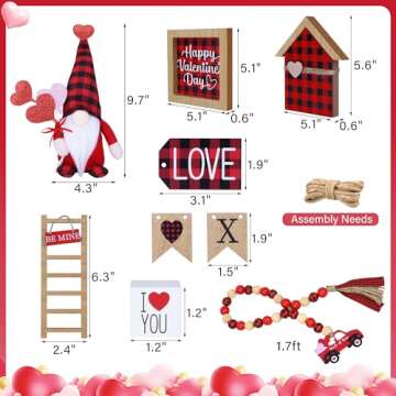 16PCS Valentines Day Tiered Tray Decor - Buffalo Plaid Gnomes, Wooden Signs, Bead Garland for Valentine’s Home Table Decorations (Tiered Tray Not Included)