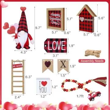 16PCS Valentines Day Tiered Tray Decor - Buffalo Plaid Gnomes, Wooden Signs, Bead Garland for Valentine’s Home Table Decorations (Tiered Tray Not Included)