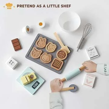 PairPear Wooden Toy Cookies and Baking Set,Kids 28 Pieces Play Food Toy Kitchen Playset,Pretend Play Kitchen Accessories Gift for Boys and Girls 3 Years and up