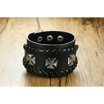 VNOX Vintage Black Leather Maltese Cross Bracelet