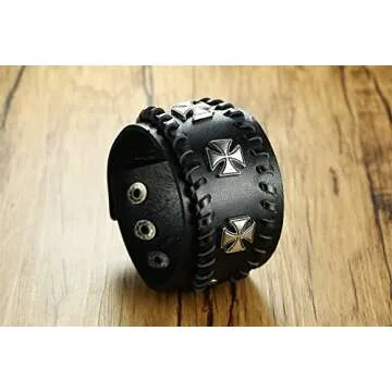 VNOX Vintage Black Leather Maltese Cross Bracelet
