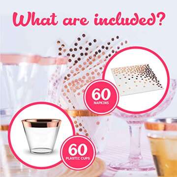 Rose Gold Plastic Cups & Napkins - Set of 60 | Fancy & Fun Disposable Decorations for Birthdays, Wed...