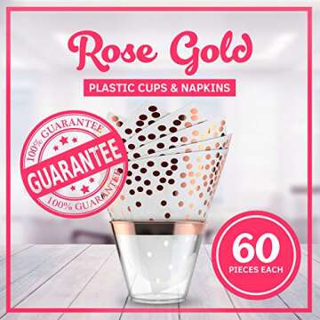 Rose Gold Plastic Cups & Napkins - Set of 60 | Fancy & Fun Disposable Decorations for Birthdays, Wedding Reception, Cocktail & Engagement Parties, Baby & Bridal Showers, Dinners, Catering