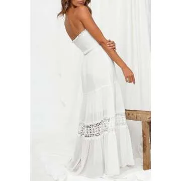 ZESICA Women's Summer Bohemian Strapless Off Shoulder Lace Trim Backless Flowy A Line Beach Long Maxi Dress,White,X-Small