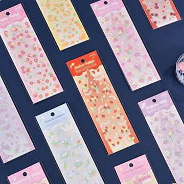 SIBLYMONA Korean Deco Stickers Set, 16 Sheets 550Pcs Colorful Glitter Stickers with Ribbon Flower Style, Kpop Potocard Stickers Cute Deco Stickers for Scrapbook Card DIY Decor Craft (SpringFlower-16P)